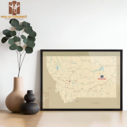 Road Map of Montana Educational High Quality Glass Frame Wall Décor