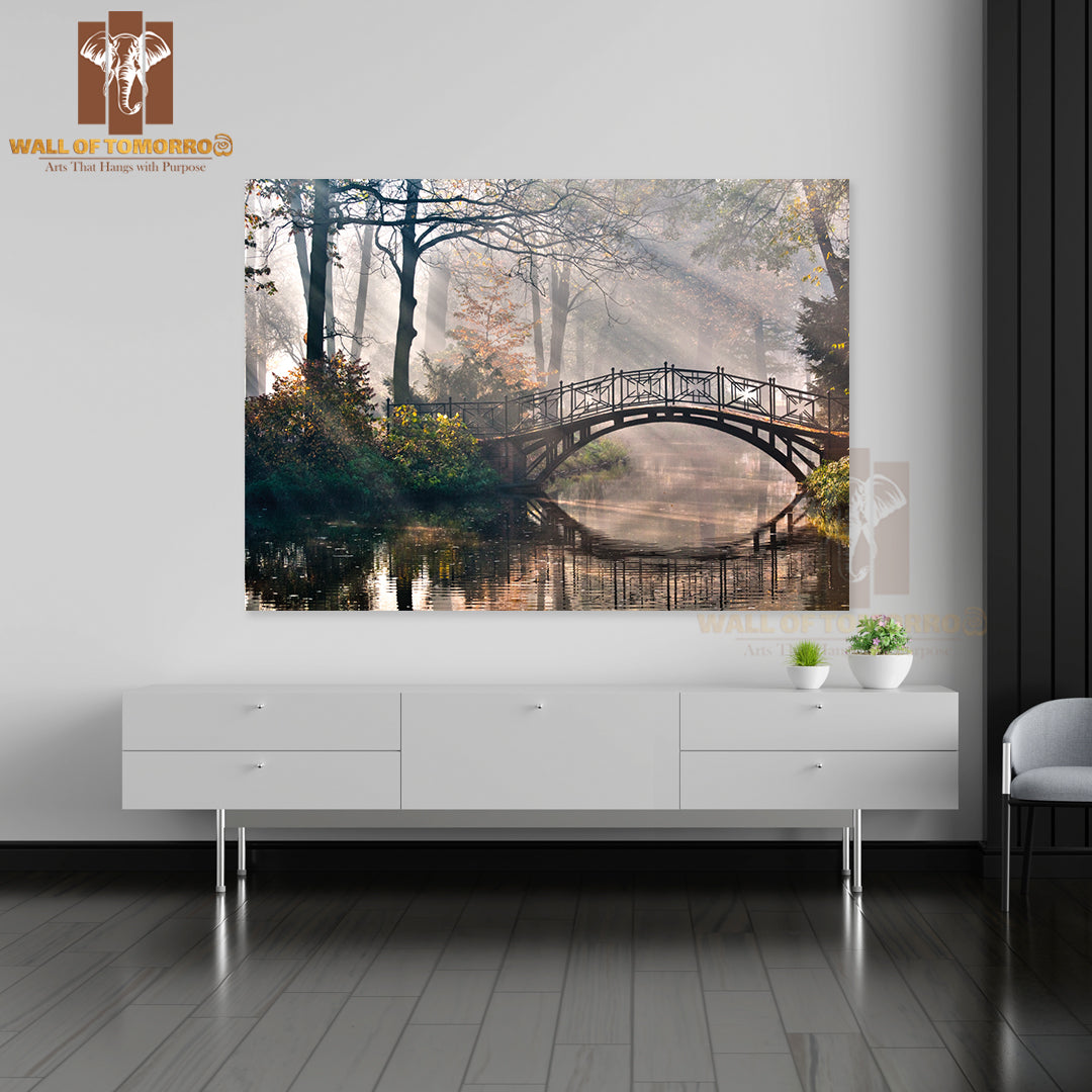 Old Bridge in Autumn Misty Park High Quality Unframed Poster Print & Waterproof Poster Print Wall Décor