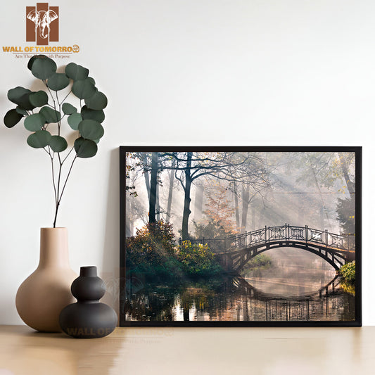 Old Bridge in Autumn Misty Park High Quality Glass Frame Wall Décor