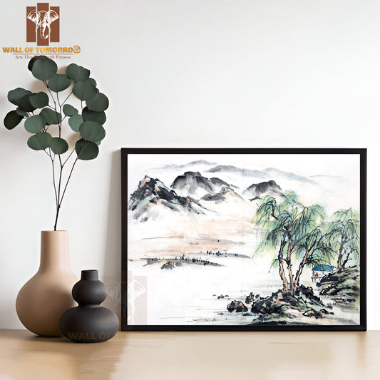 Mountains Scenery Oil Painting High Quality Glass Frame Wall Décor