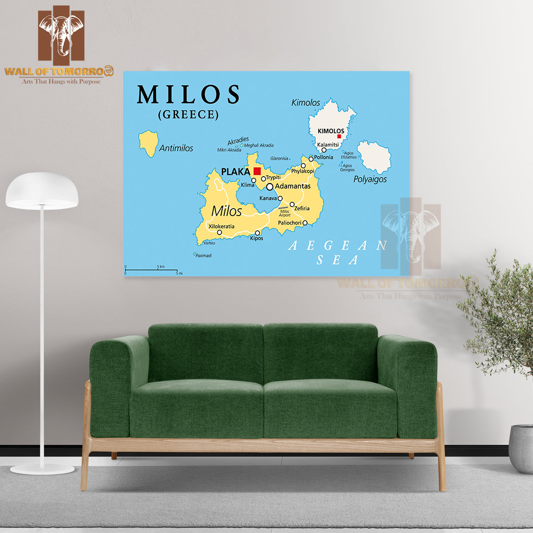 Milos, Island of Greece, Political Map Educational High Quality Unframed Poster Print & Waterproof Poster Print Wall Décor