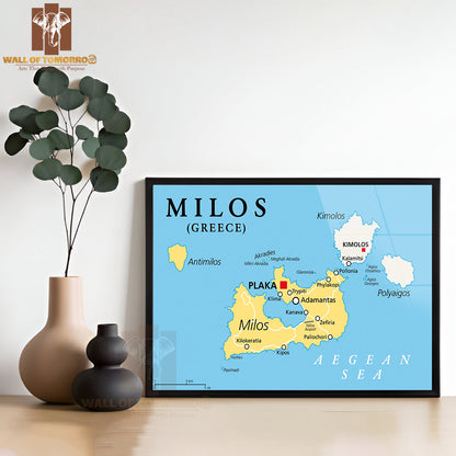 Milos, Island of Greece, Political Map Educational High Quality Glass Frame Wall Décor