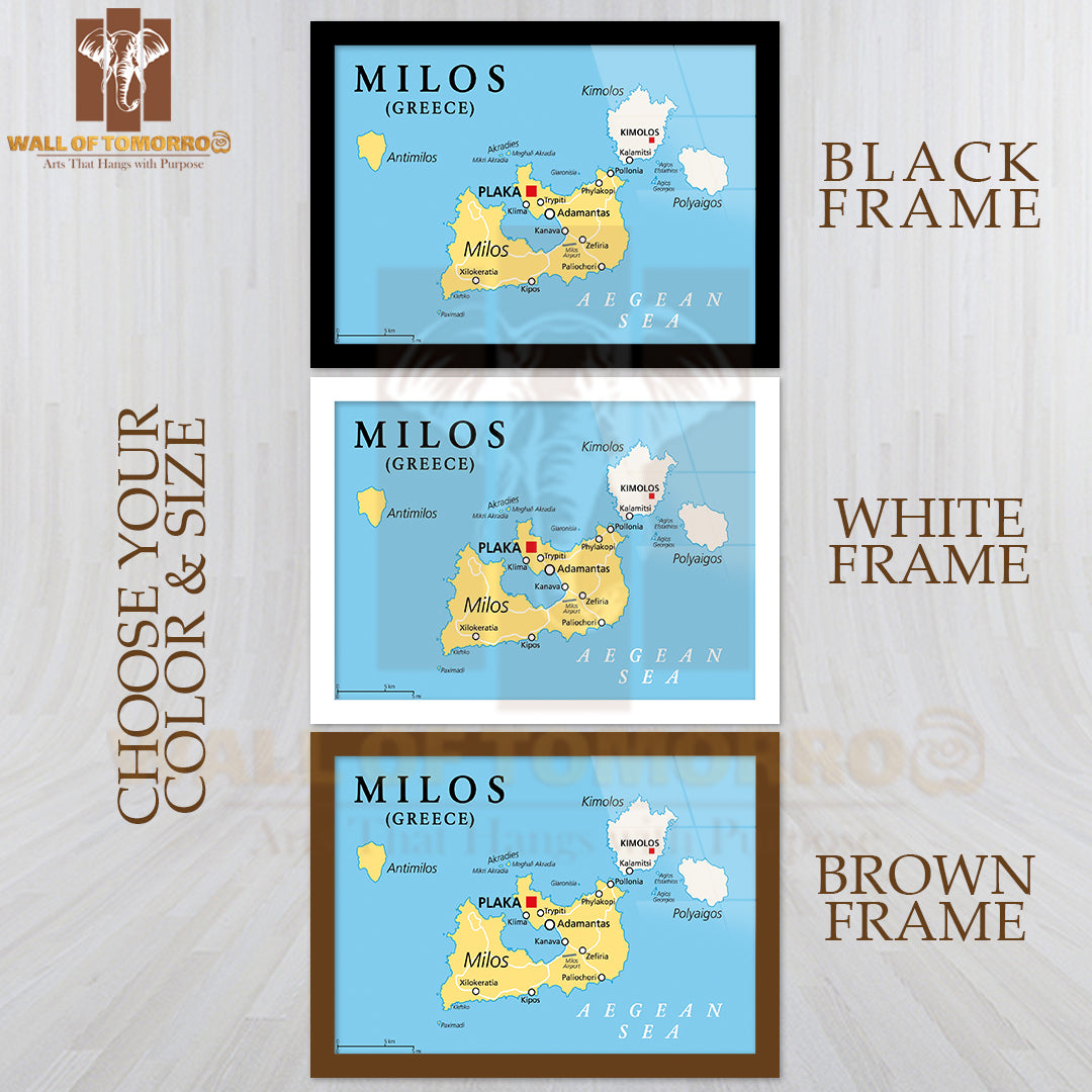 Milos, Island of Greece, Political Map Educational High Quality Glass Frame Wall Décor