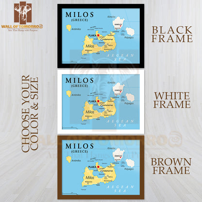 Milos, Island of Greece, Political Map Educational High Quality Glass Frame Wall Décor