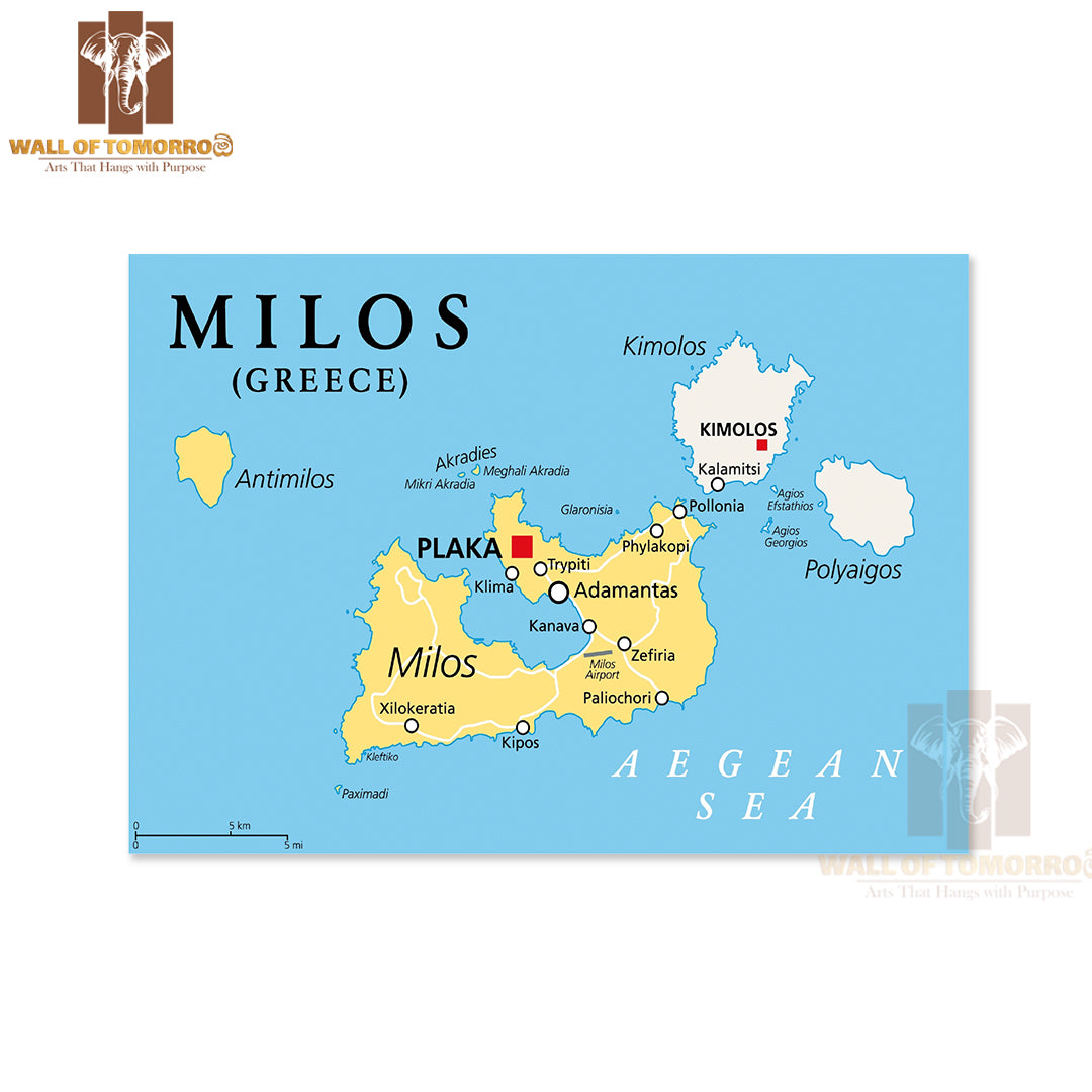 Milos, Island of Greece, Political Map Educational High Quality Unframed Poster Print & Waterproof Poster Print Wall Décor