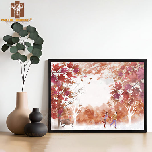 Couple Walking on the Road in the Forest in Autumn High Quality Unframed Poster Print & Waterproof Poster Print Wall Décor
