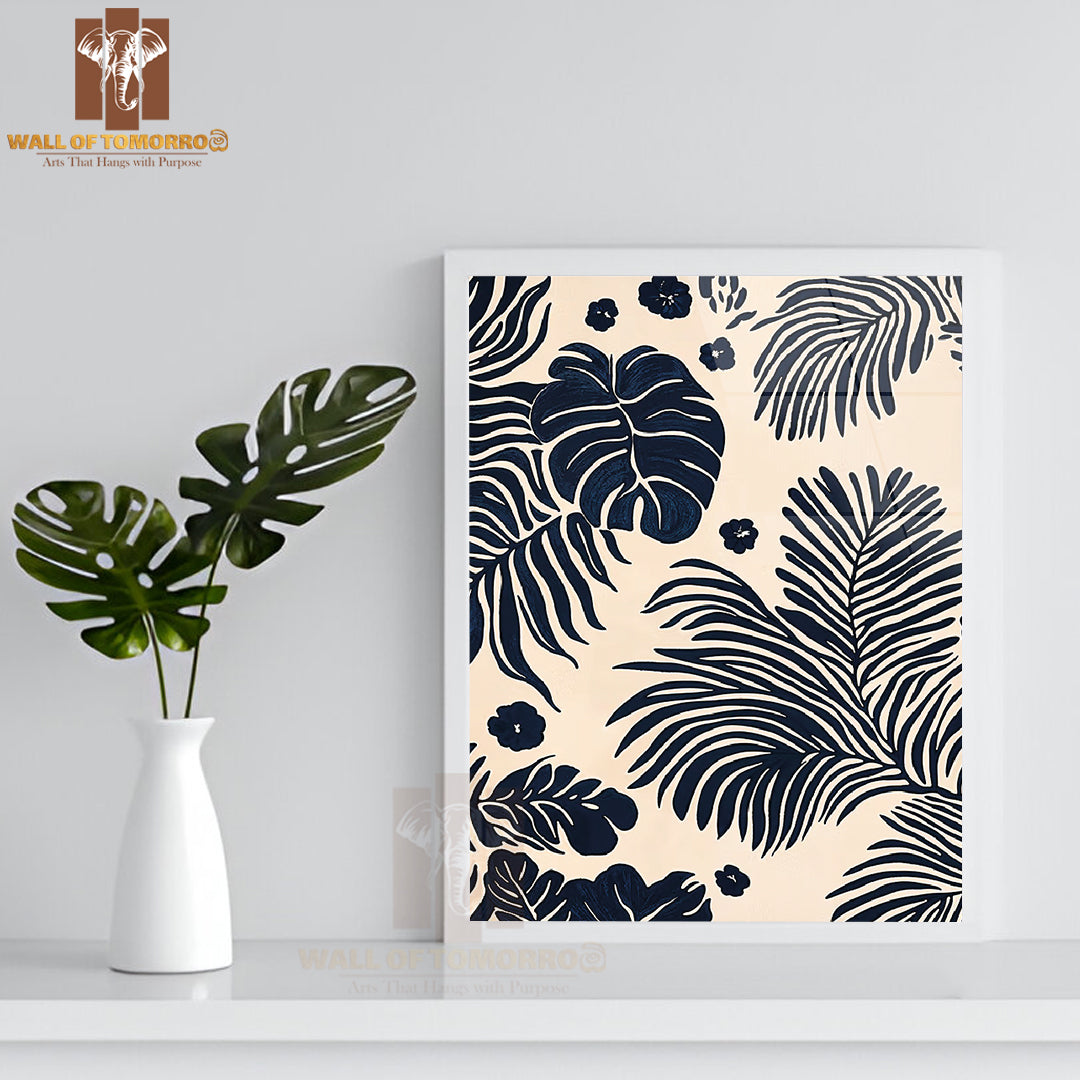 Midnight Foliage Neutral Elegance Art High Quality Glass Frame Wall Décor