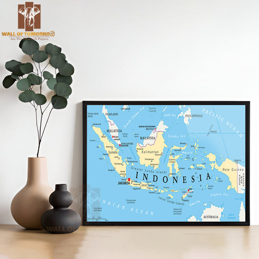 Indonesia Political Map with Capital Jakarta Educational High Quality Glass Frame Wall Décor