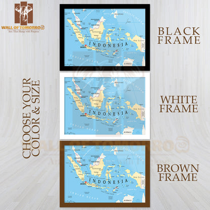Indonesia Political Map with Capital Jakarta Educational High Quality Glass Frame Wall Décor