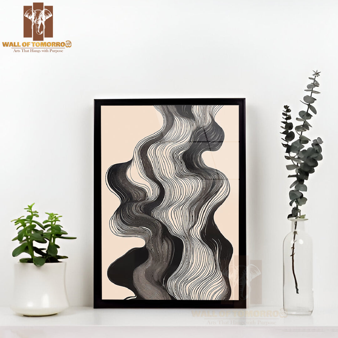 Monochrome Waves Neutral Elegance Art High Quality Glass Frame Wall Décor