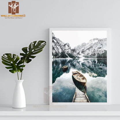 Braies Lake With Boats High Quality Glass Frame Wall Décor