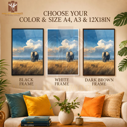 A Solitary Elephant Walks Through Golden Savanna Grass Animals High Quality Glass Frame Wall Décor in Sri Lanka