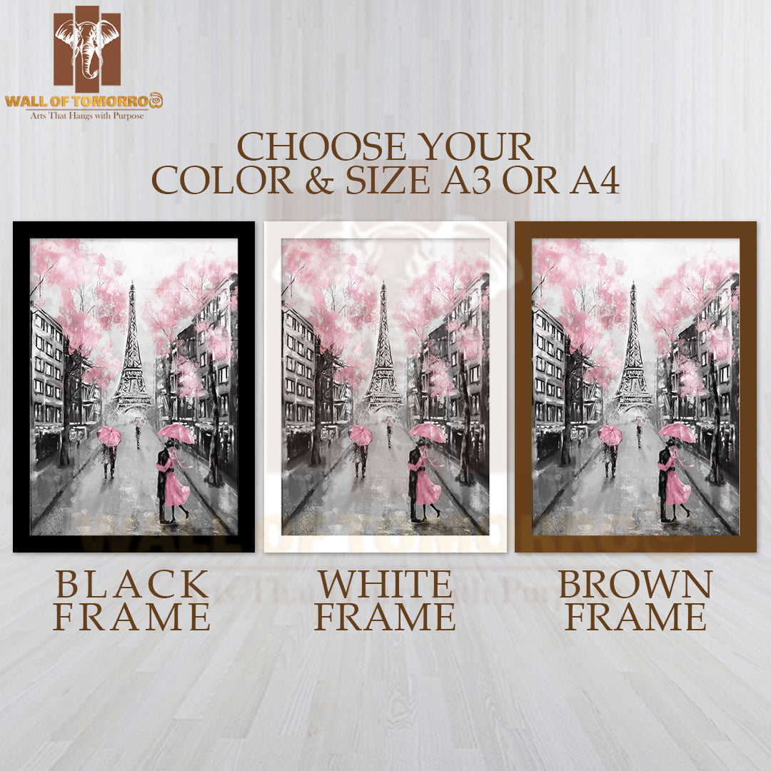 Couple Under an Umbrella on Street Pink Eiffel Tower High Quality Glass Frame Wall Décor
