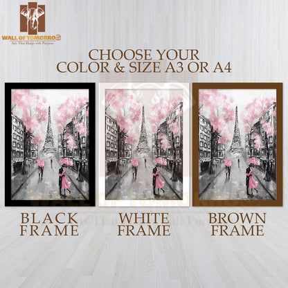 Couple Under an Umbrella on Street Pink Eiffel Tower High Quality Glass Frame Wall Décor