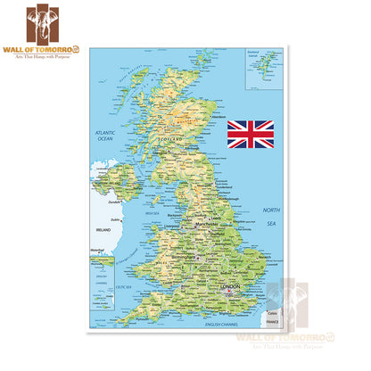 United Kingdom Physical Map Educational High Quality Unframed Poster Print & Waterproof Poster Print Wall Décor