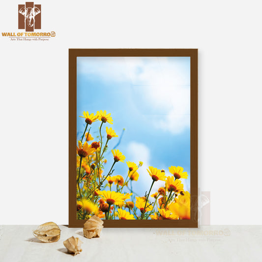Flowers Border, Field of Fresh Yellow Daisies Over Blue Sky High Quality Glass Frame Wall Décor
