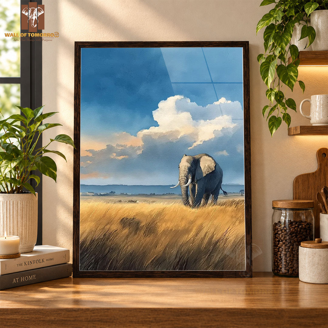 A Solitary Elephant Walks Through Golden Savanna Grass Animals High Quality Glass Frame Wall Décor in Sri Lanka