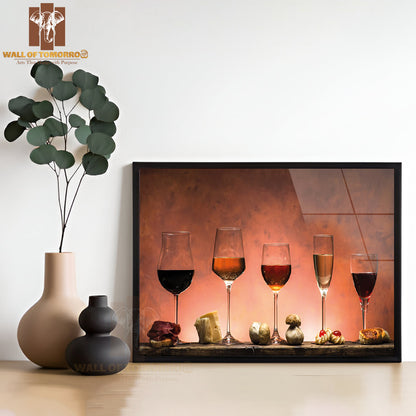 A Row of Wine Glasses with Different Wines in Them High Quality Glass Frame Wall Décor