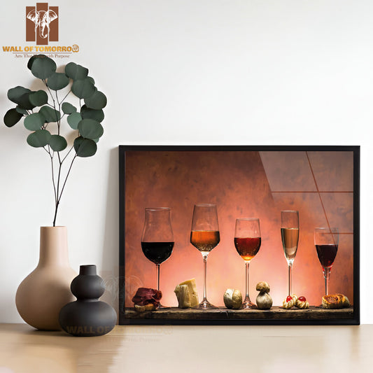 A Row of Wine Glasses with Different Wines in Them High Quality Glass Frame Wall Décor