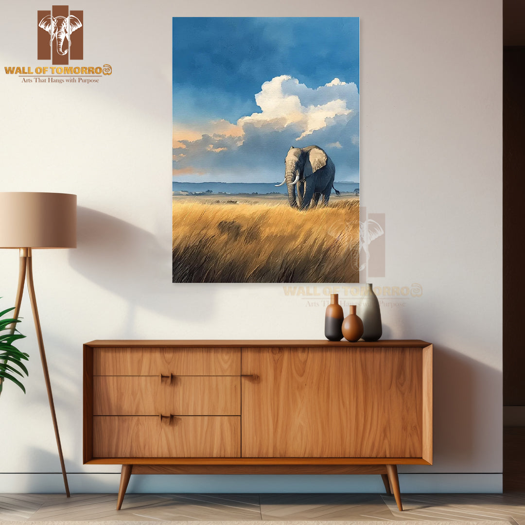 A Solitary Elephant Walks Through Golden Savanna Grass Animals High Quality Unframed Poster Print & Laminated Poster Print Wall Décor in Sri Lanka