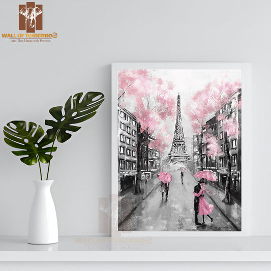 Couple Under an Umbrella on Street Pink Eiffel Tower High Quality Glass Frame Wall Décor