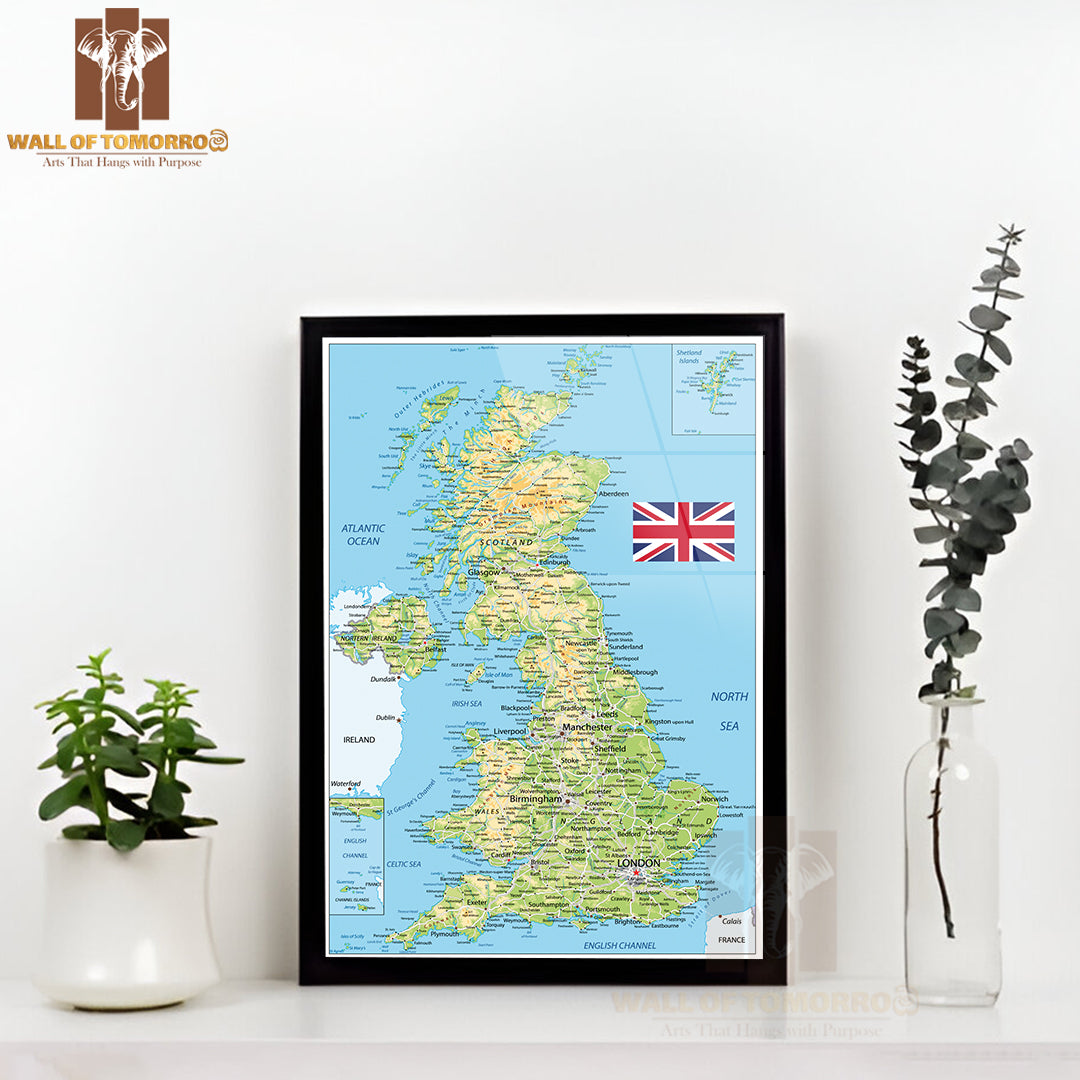 United Kingdom Physical Map Educational High Quality Glass Frame Wall Décor