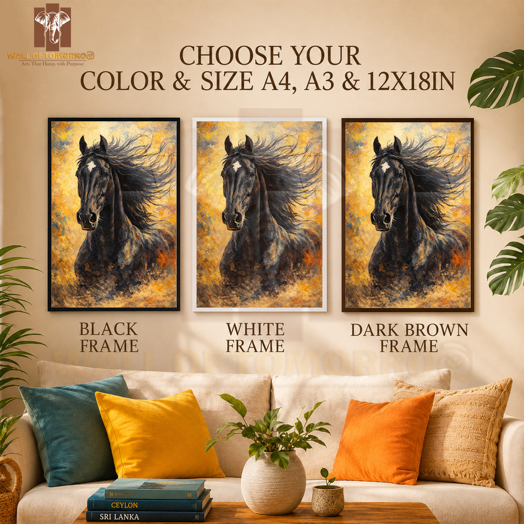 Black Horse Painting Animals High Quality Glass Frame Wall Décor in Sri Lanka