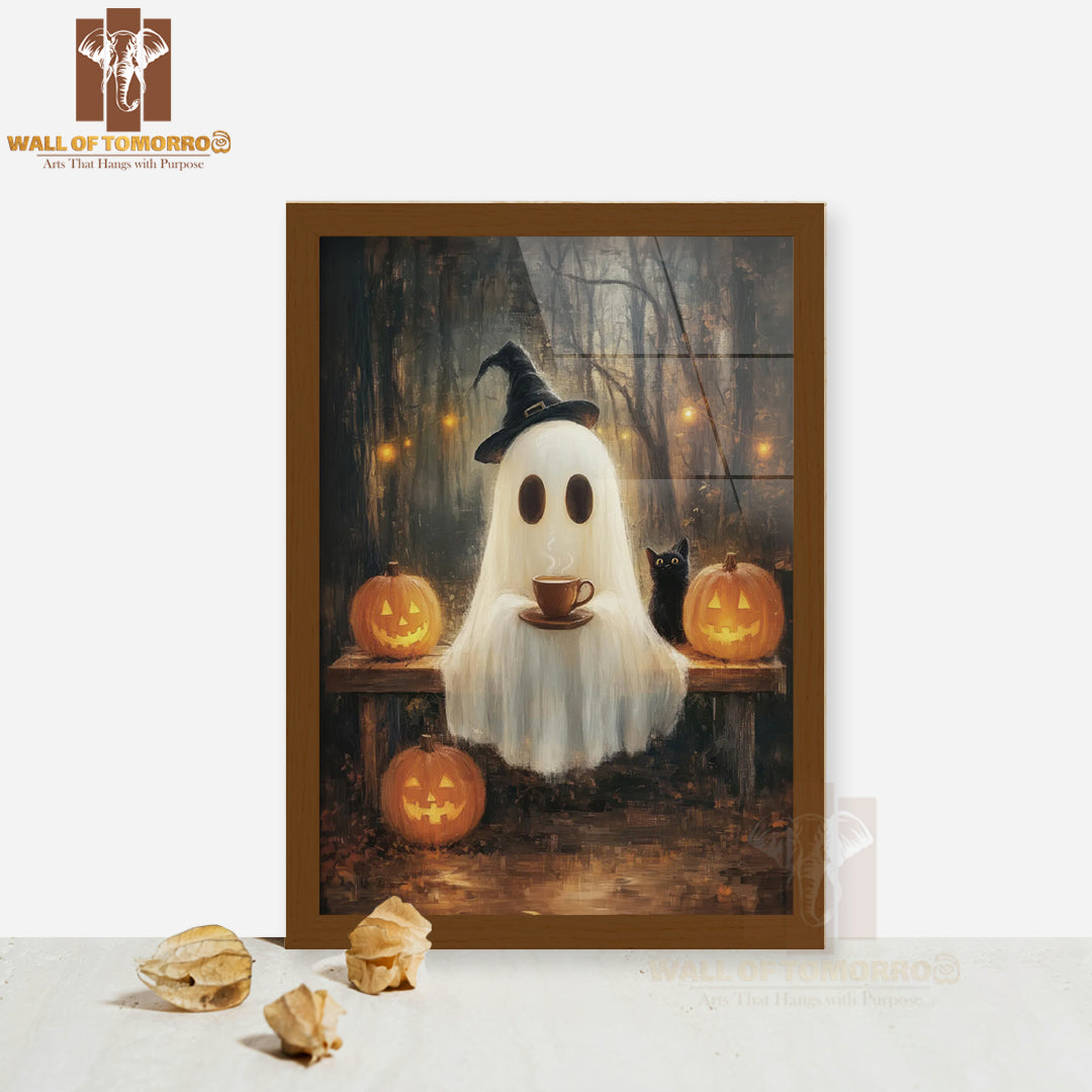 Cute Ghost with Coffee and Black Cat in the Forest High Quality Glass Frame Wall Décor