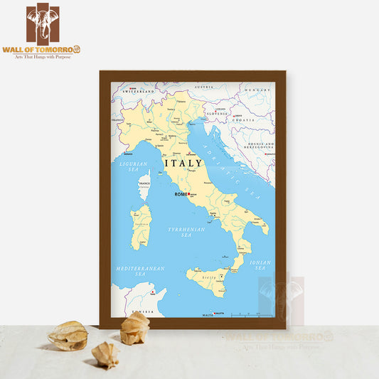 Map of Italy with The Capital Rome Educational High Quality Glass Frame Wall Décor