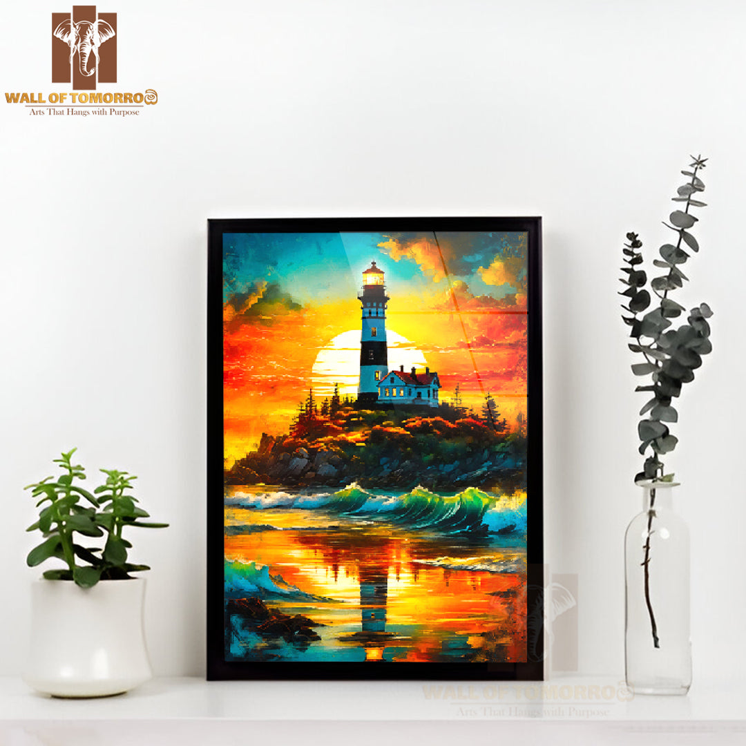 Painting Of a Lighthouse on A Rocky Shore High Quality Glass Frame Wall Décor