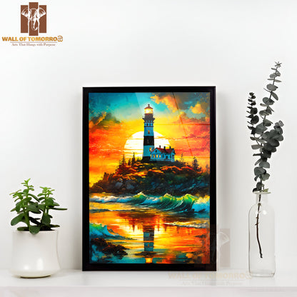 Painting Of a Lighthouse on A Rocky Shore High Quality Glass Frame Wall Décor