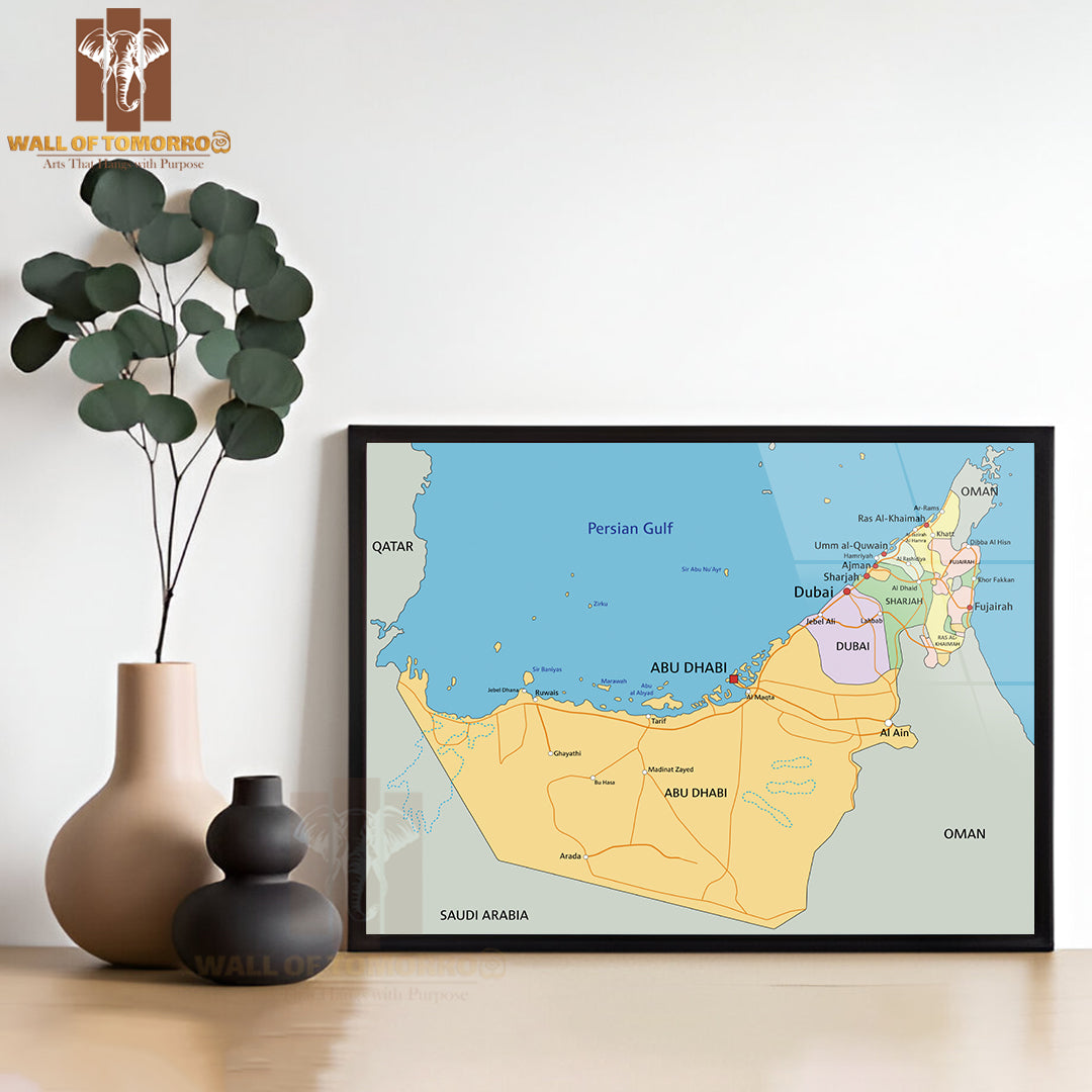 United Arab Emirates Political Map Educational High Quality Glass Frame Wall Décor