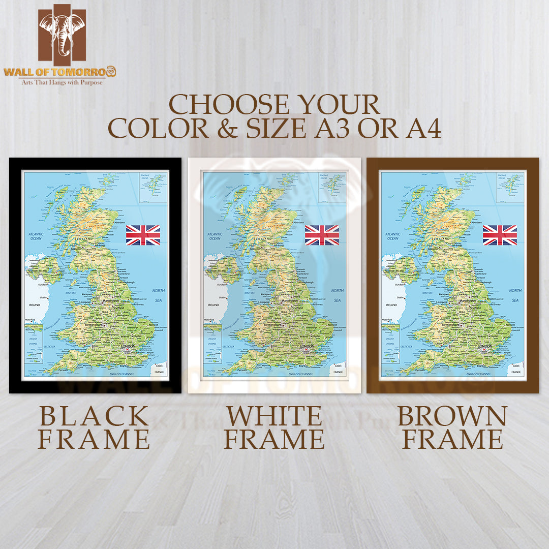 United Kingdom Physical Map Educational High Quality Glass Frame Wall Décor