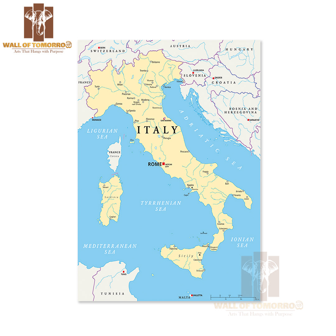 Map of Italy with The Capital Rome Educational High Quality Unframed Poster Print & Waterproof Poster Print Wall Décor