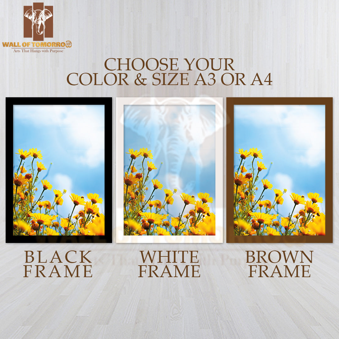 Flowers Border, Field of Fresh Yellow Daisies Over Blue Sky High Quality Glass Frame Wall Décor