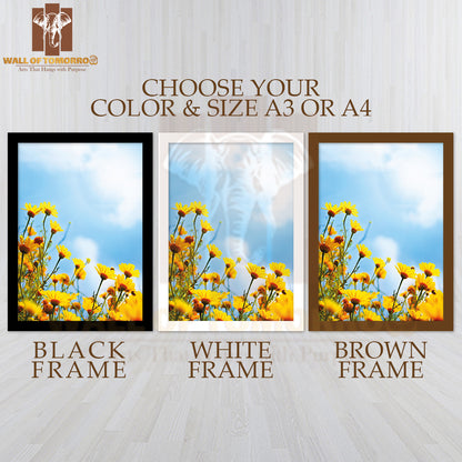 Flowers Border, Field of Fresh Yellow Daisies Over Blue Sky High Quality Glass Frame Wall Décor