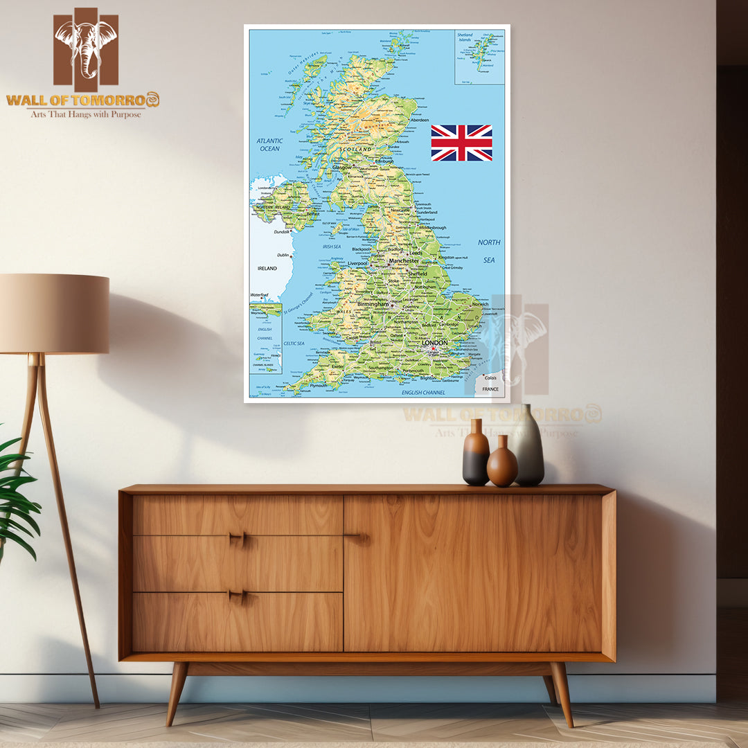 United Kingdom Physical Map Educational High Quality Unframed Poster Print & Waterproof Poster Print Wall Décor