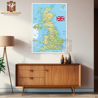 United Kingdom Physical Map Educational High Quality Unframed Poster Print & Waterproof Poster Print Wall Décor