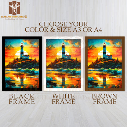 Painting Of a Lighthouse on A Rocky Shore High Quality Glass Frame Wall Décor