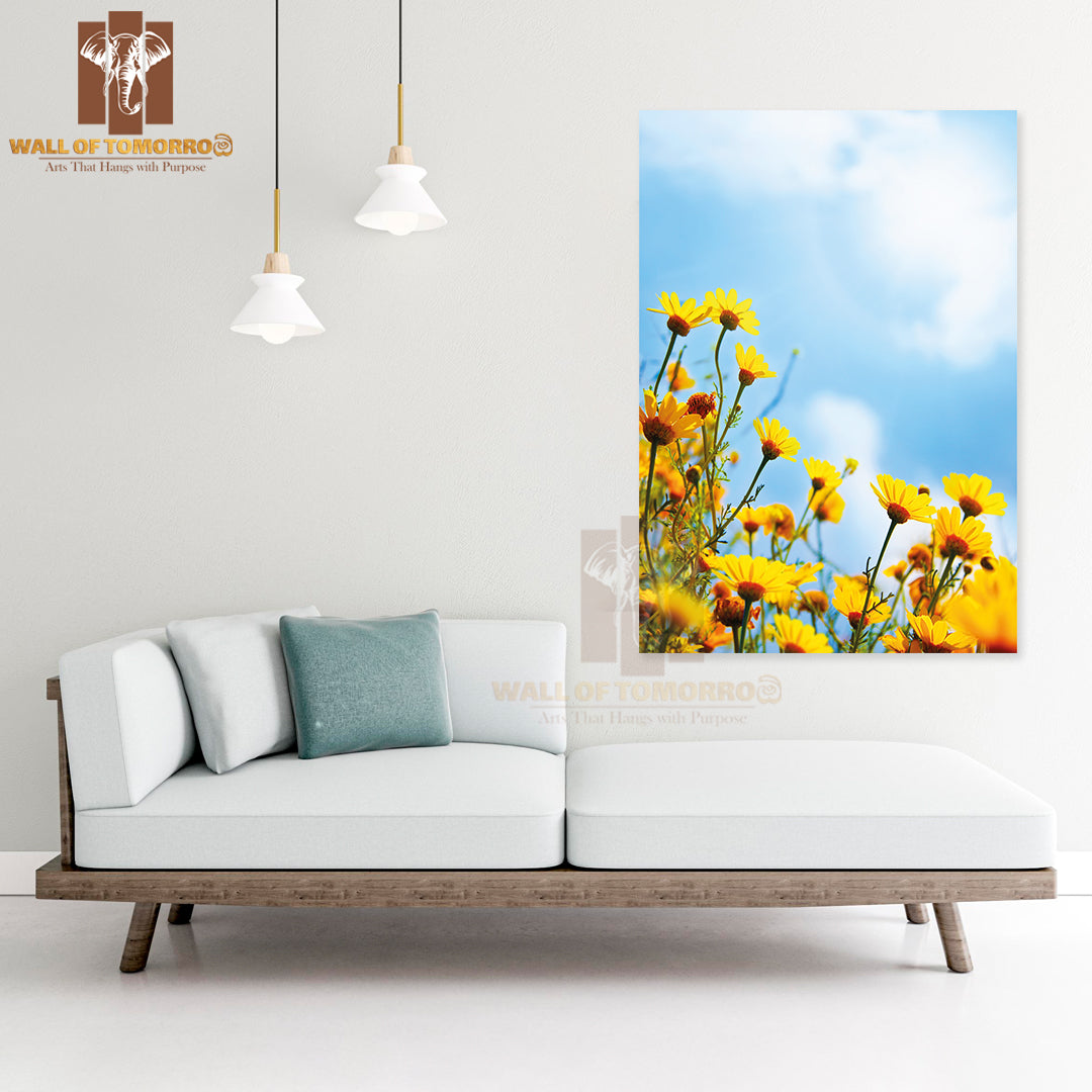 Flowers Border, Field of Fresh Yellow Daisies Over Blue Sky High Quality Unframed Poster Print & Waterproof Poster Print Wall Décor
