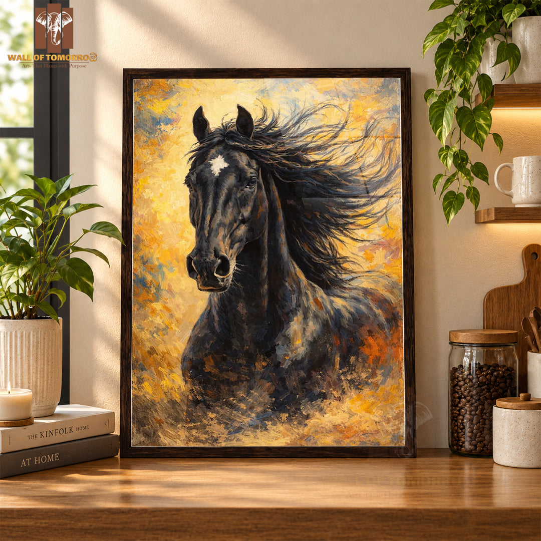 Black Horse Painting Animals High Quality Glass Frame Wall Décor in Sri Lanka