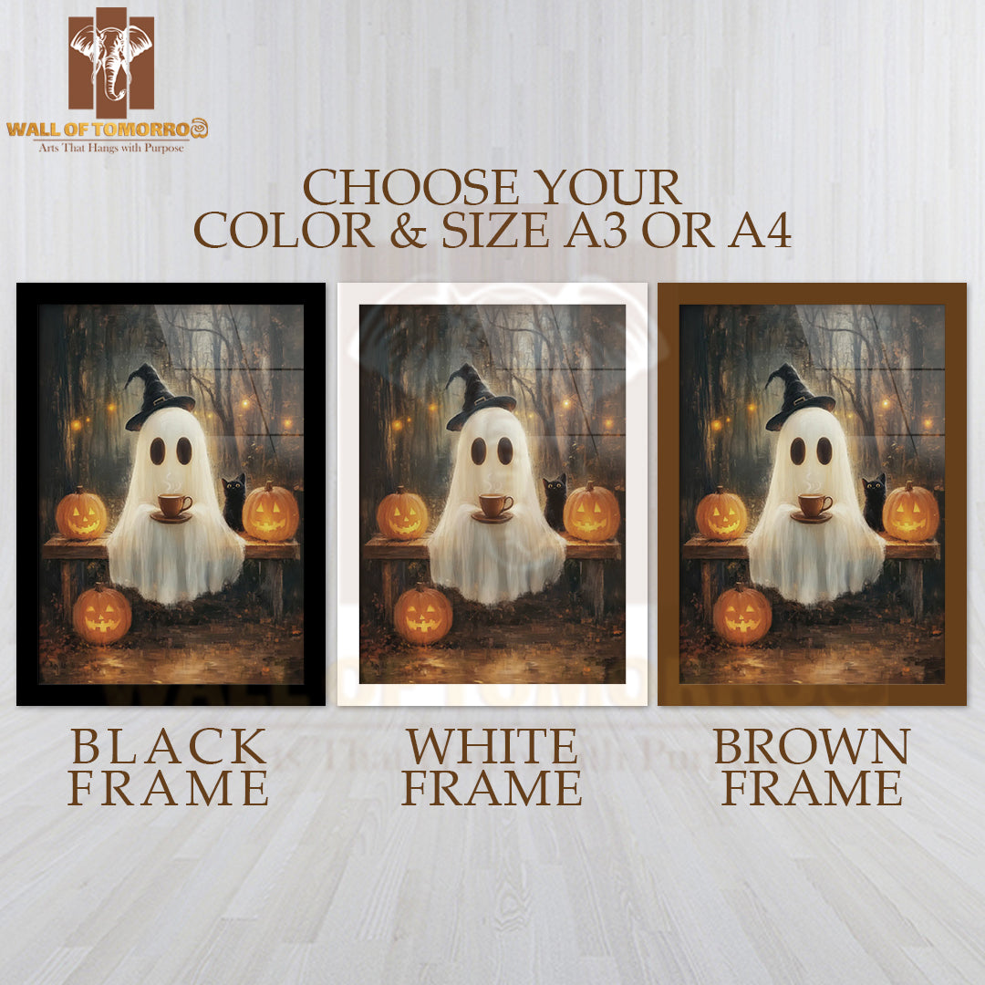 Cute Ghost with Coffee and Black Cat in the Forest High Quality Glass Frame Wall Décor