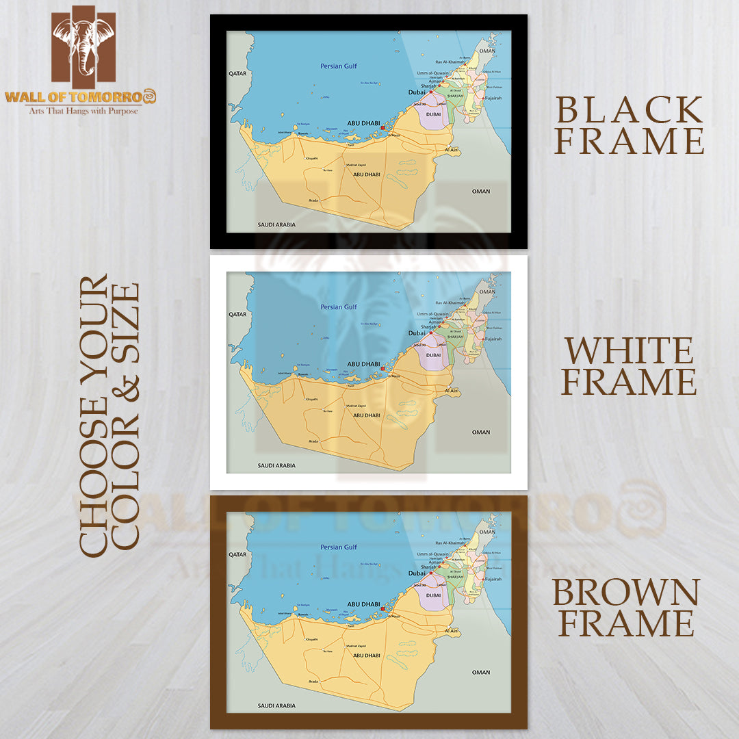United Arab Emirates Political Map Educational High Quality Glass Frame Wall Décor