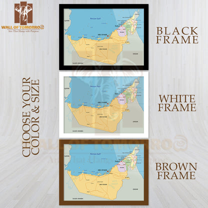 United Arab Emirates Political Map Educational High Quality Glass Frame Wall Décor