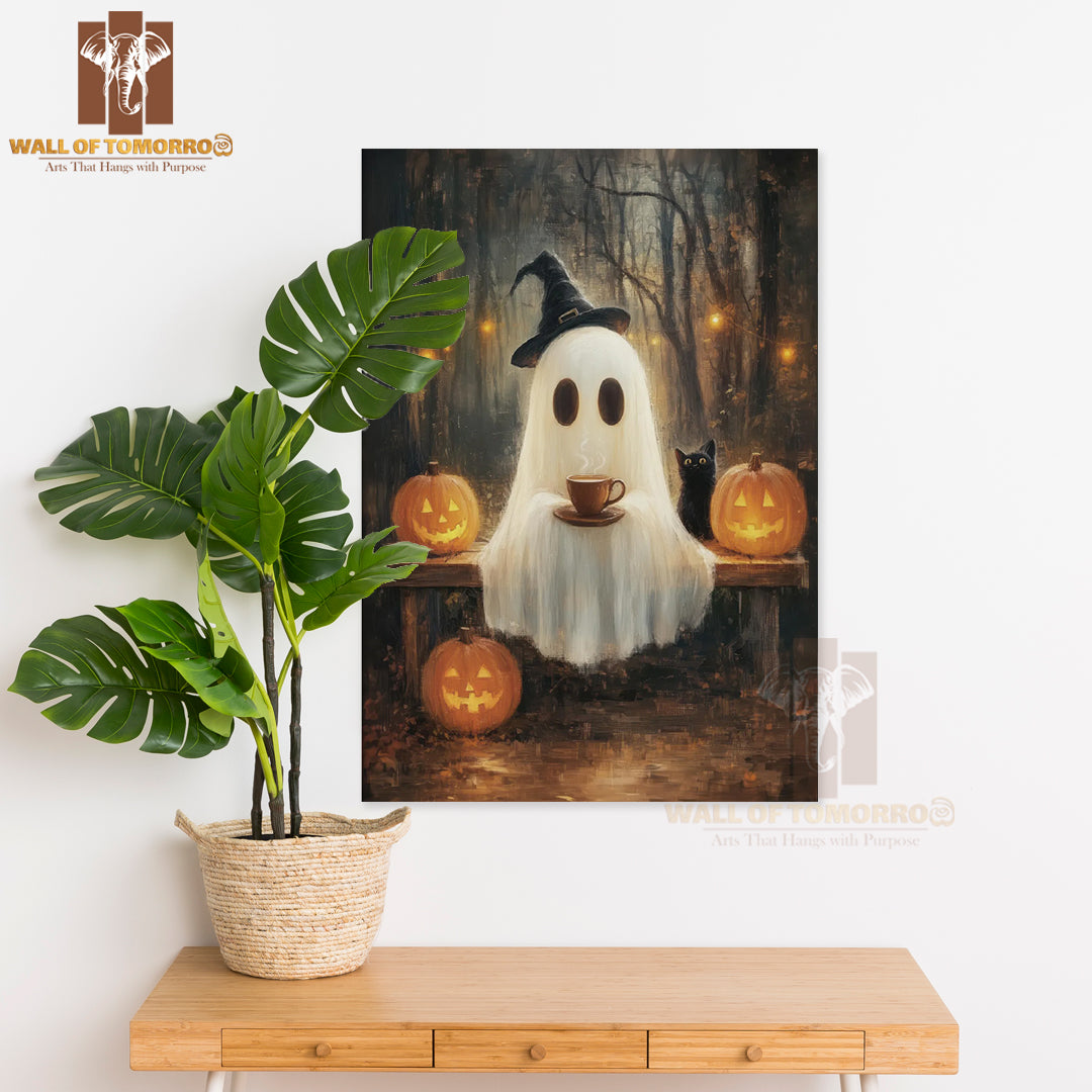 Cute Ghost with Coffee and Black Cat in the Forest High Quality Unframed Poster Print & Waterproof Poster Print Wall Décor