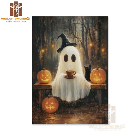 Cute Ghost with Coffee and Black Cat in the Forest High Quality Unframed Poster Print & Waterproof Poster Print Wall Décor
