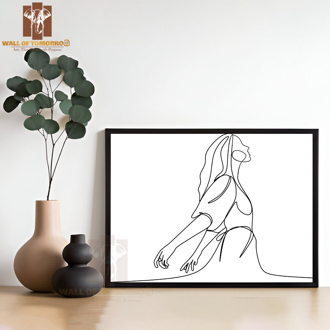 Line Drawing of a Woman Stretching Arms High Quality Glass Frame Wall Décor