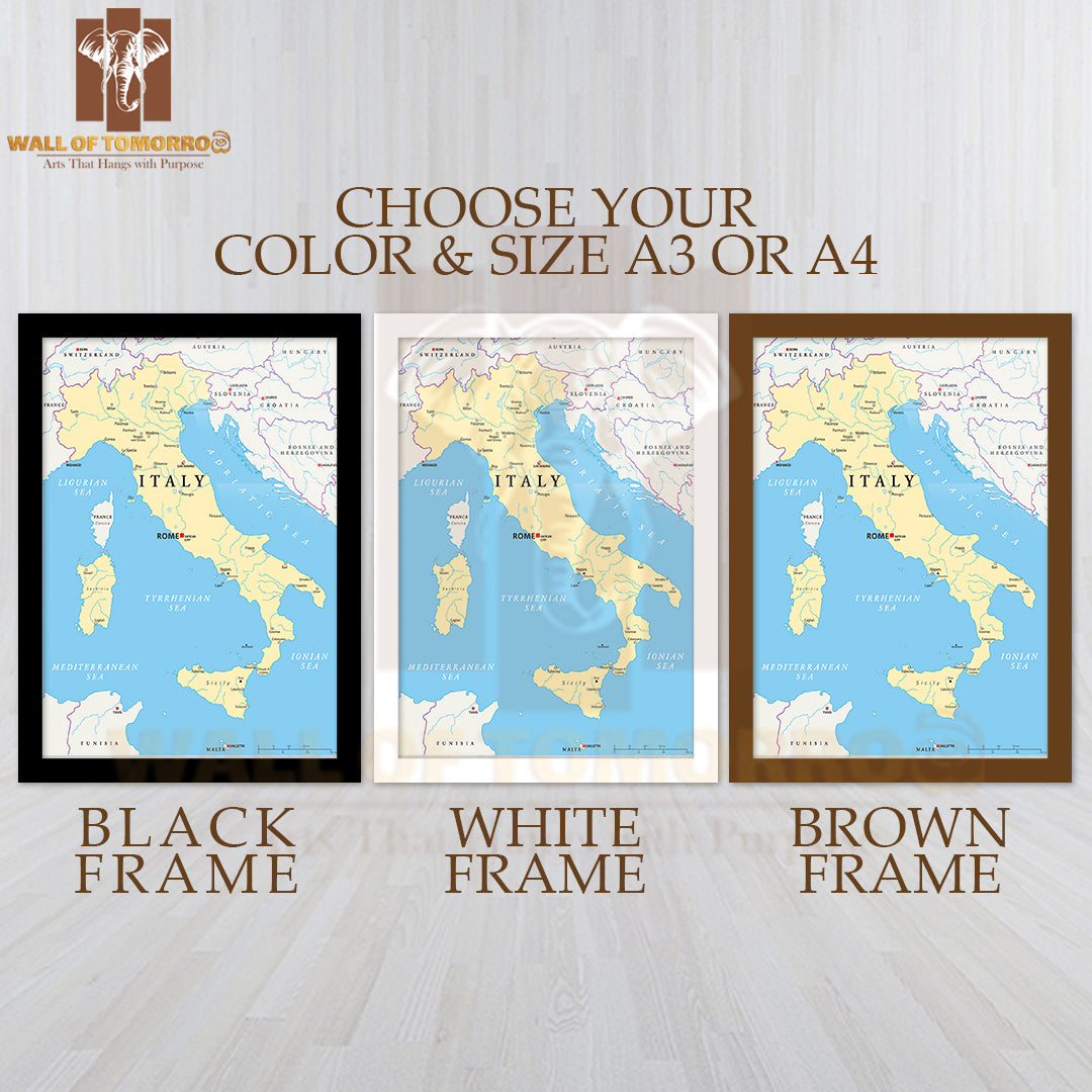 Map of Italy with The Capital Rome Educational High Quality Glass Frame Wall Décor