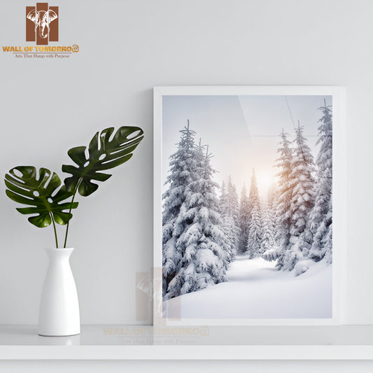Snow Covered Pine Trees Sunset High Quality Glass Frame Wall Décor
