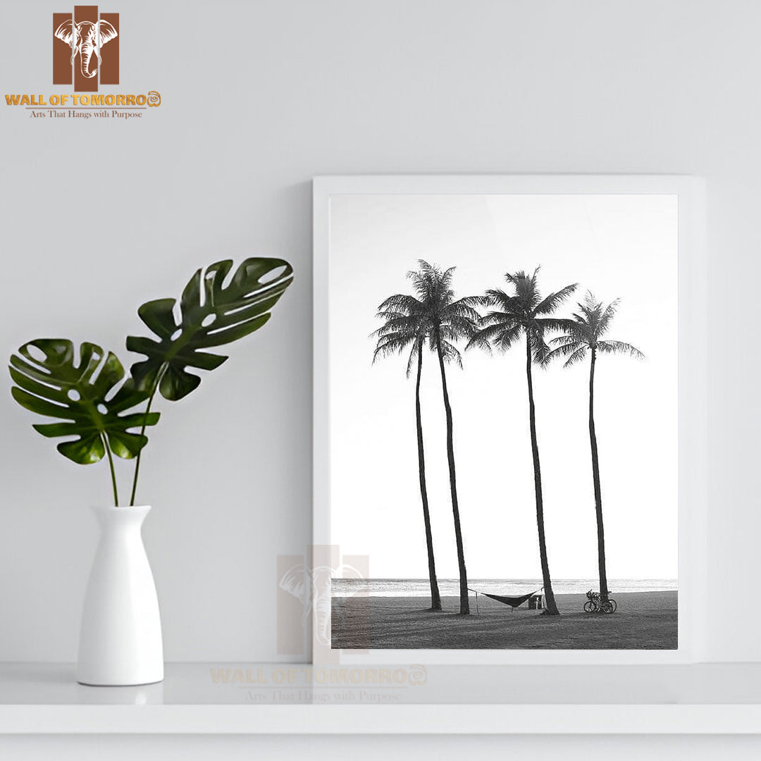Palms Trees On Beach B&W High Quality Glass Frame Wall Décor